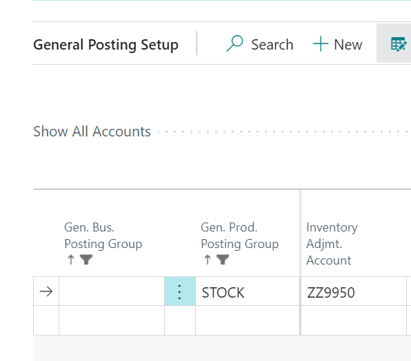 General Posting Setup page showing the Inventory Adjustment Account temporarily set to ZZ9950 (Data Migration - Inventory Suspense) for opening inventory posting.